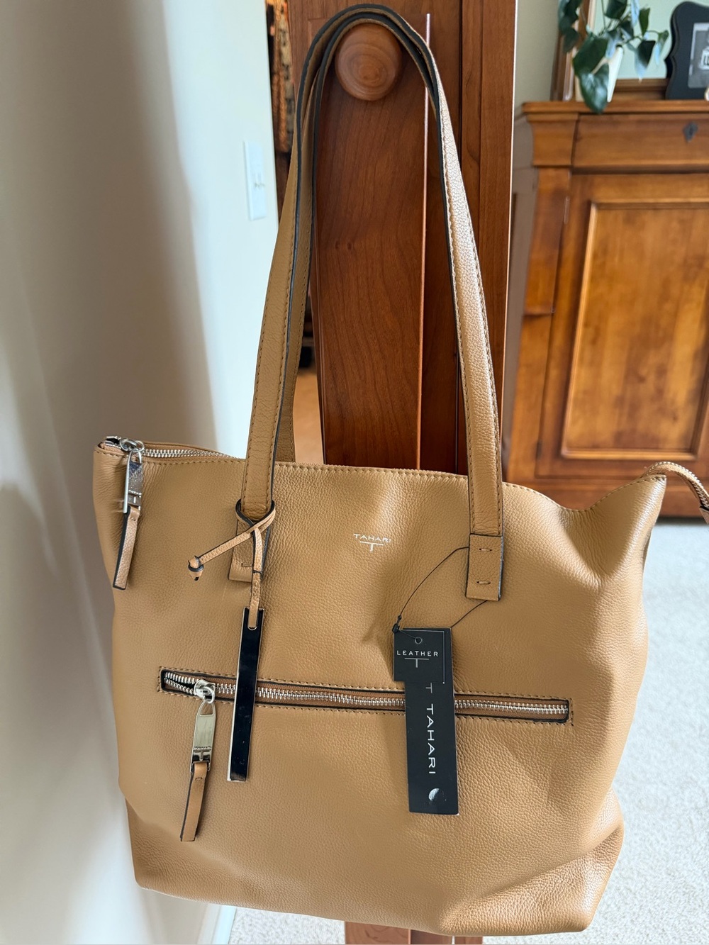 Tahari Camel Leather Zip-Front and Top Tote
